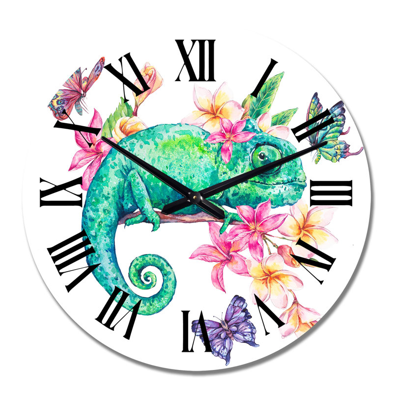 Horloge murale traditionnelle caméléon vert avec papillons et fleurs I, Grand