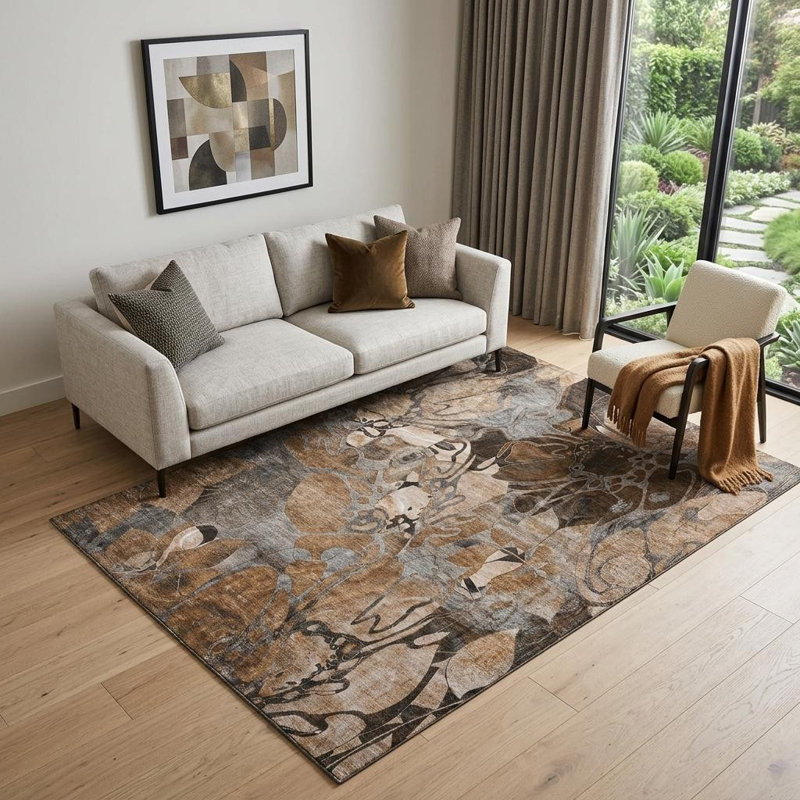 Tapis lavable abstrait rouillé et gris 5 pi x 8 pi avec protection UV