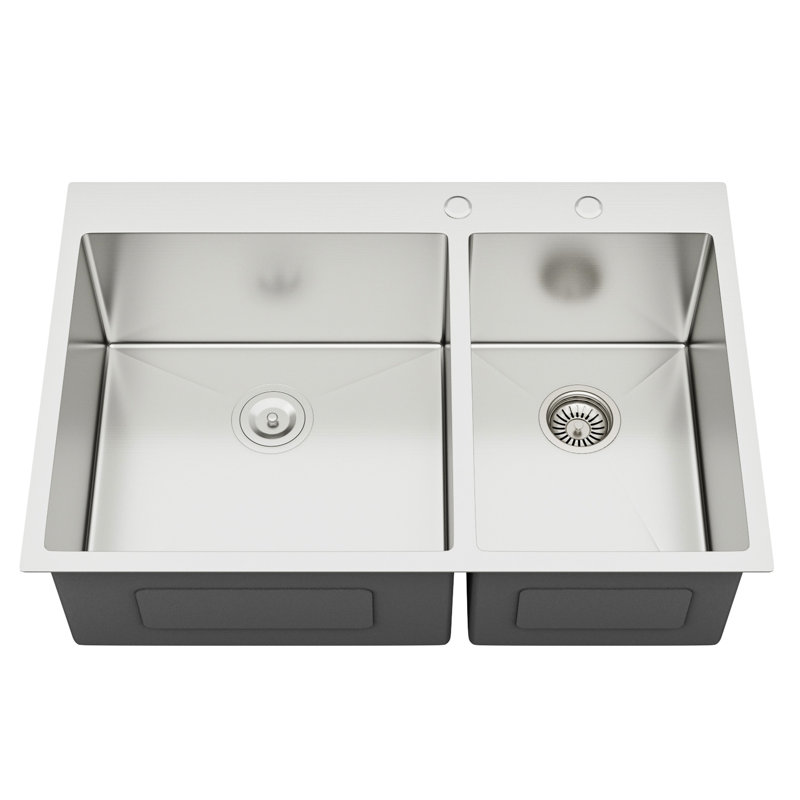 Évier de cuisine à double cuve 60/40 à montage sur plan en acier inoxydable encastré 33 po x 22 po x 10 po calibre 16 T304, tablier plat à l'avant, drainage en forme de X pour un écoulement rapide, espace de travail aux coins arrondis R10, revêtement