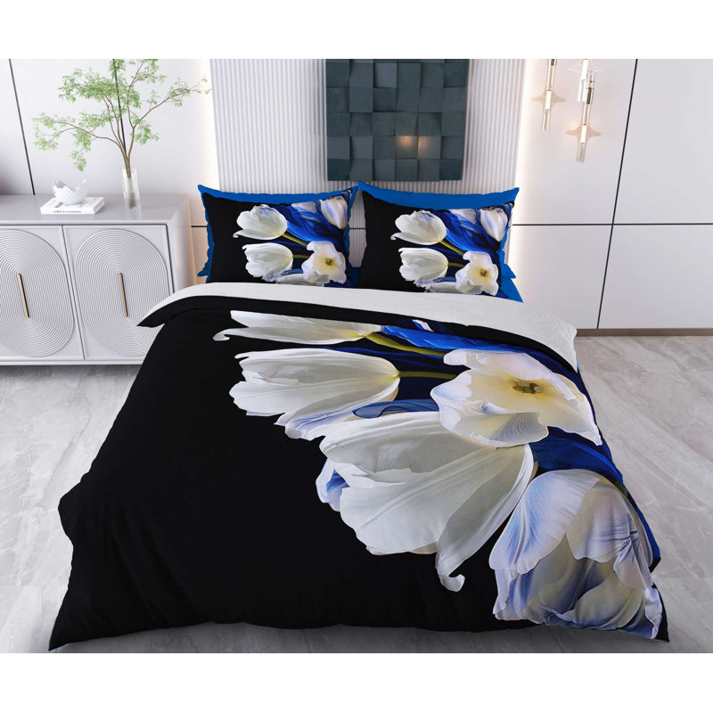 High-Quality Single Quilt Cover Set, Black & White with Dark Blue Accents, 55.1 x 78.7 inches | 70% Cotton / 30% Polyester, 145 Thread Count | Machine Washable, Button & Envelope Closure, Stylish & Comfortable Bedding