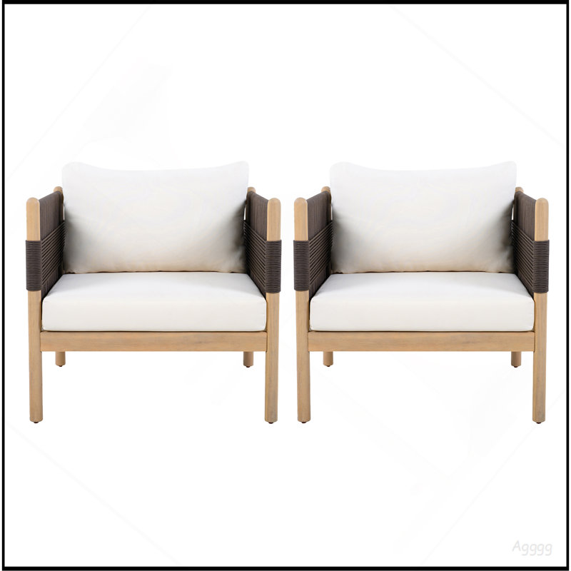 Chaises club d'extérieur en acacia (ensemble de 2) avec corde noire à motif de losanges, finition teck clair