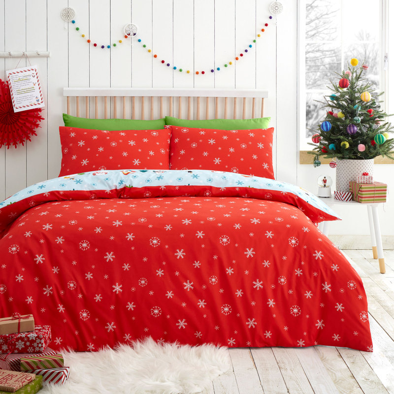 Christmas Snowman 100% Polyester (Recycled) Block Print Duvet Cover Set with Pillowcases