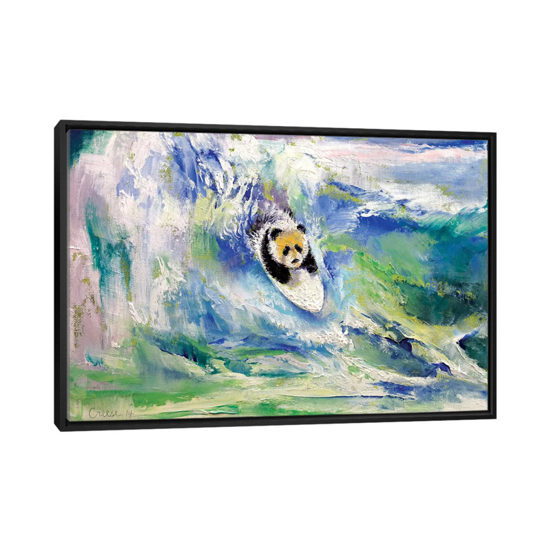 « panda surfer », peinture sur toile tendue, H 18 po x l 26 po x P 1,5 po, Toile avec cadre noir, Pas de tapis