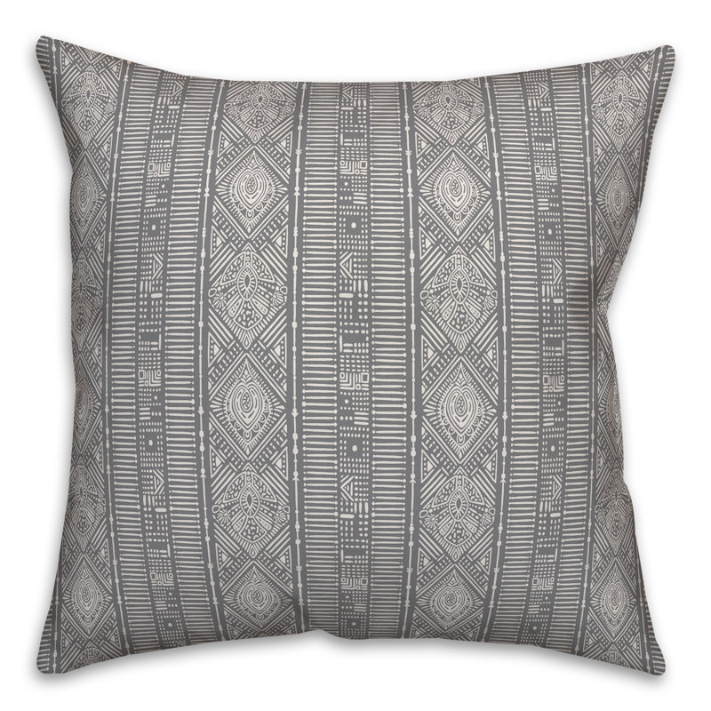  Coussin Tribal, 18 po x 18 po, Gris / blanc géométrique 1