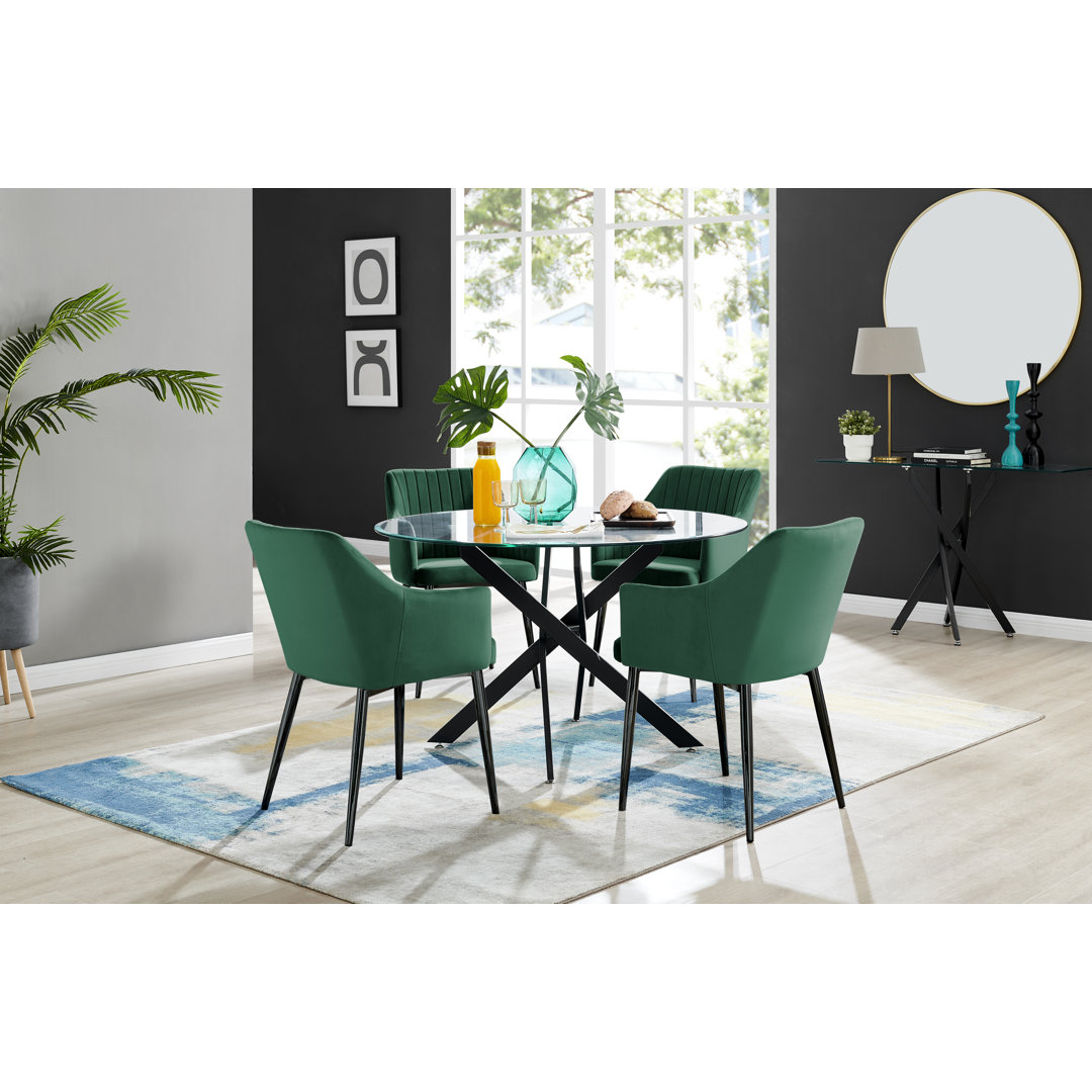 Bernell Modern Chrome Metal & Glass Round Dining Table Set with 4 Luxury Button Velvet Chairs