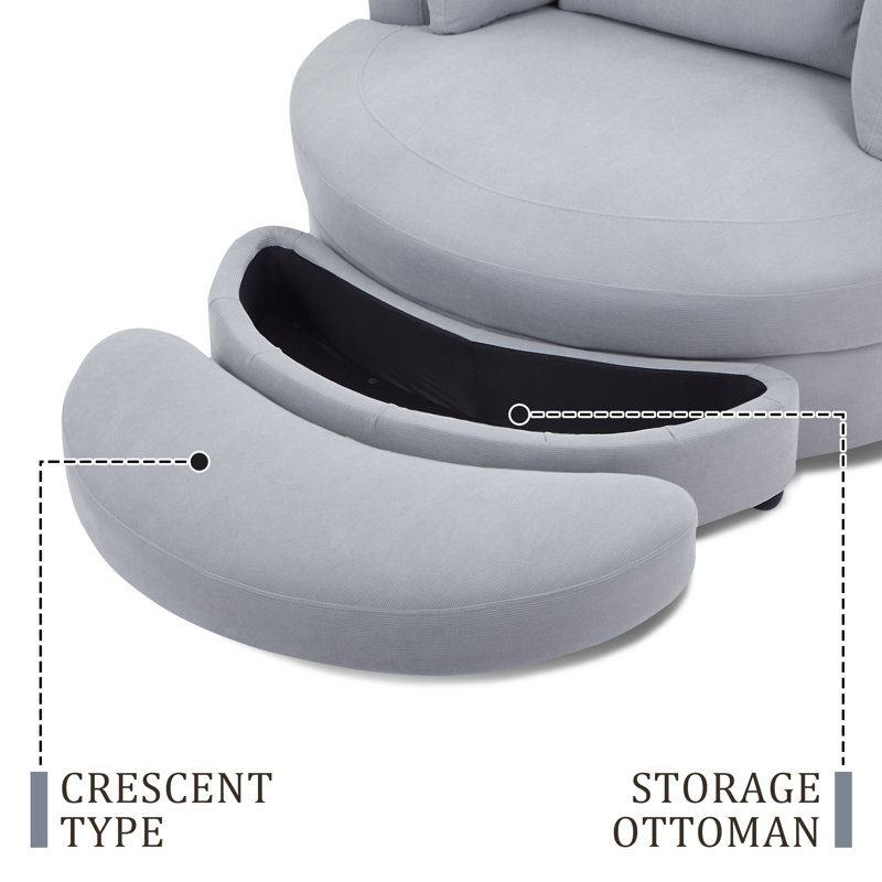 Lasean Upholstered Swivel Barrel Chair with Ottoman, Mist Blue Corduroy