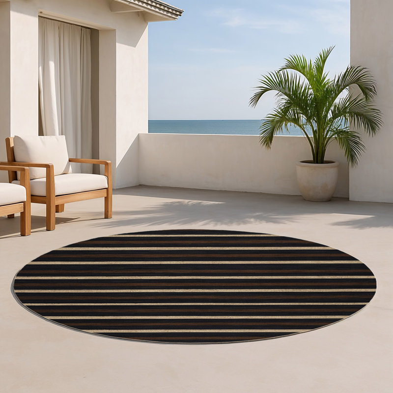 Tapis intérieur / extérieur gris HorizontalStripes, Rond 5 pi