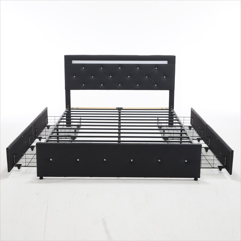 Lit plateforme tapissier en similicuir grand avec éclairage DEL, tête de lit ajustable et rangement sous le lit, noir élégant