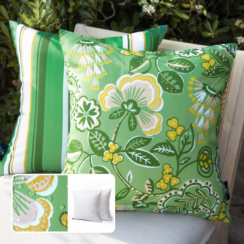 Outdoor Floral Colleciton Outdoor Reversible Throw Pillow, Light Green, Rectangle 12"x20"