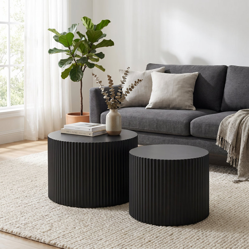 Nesting Coffee Tables Set Of 2, Black Round Modern Fluted Wooden Drum Accent Tables, 23.6", No Assembly Required For Living Room