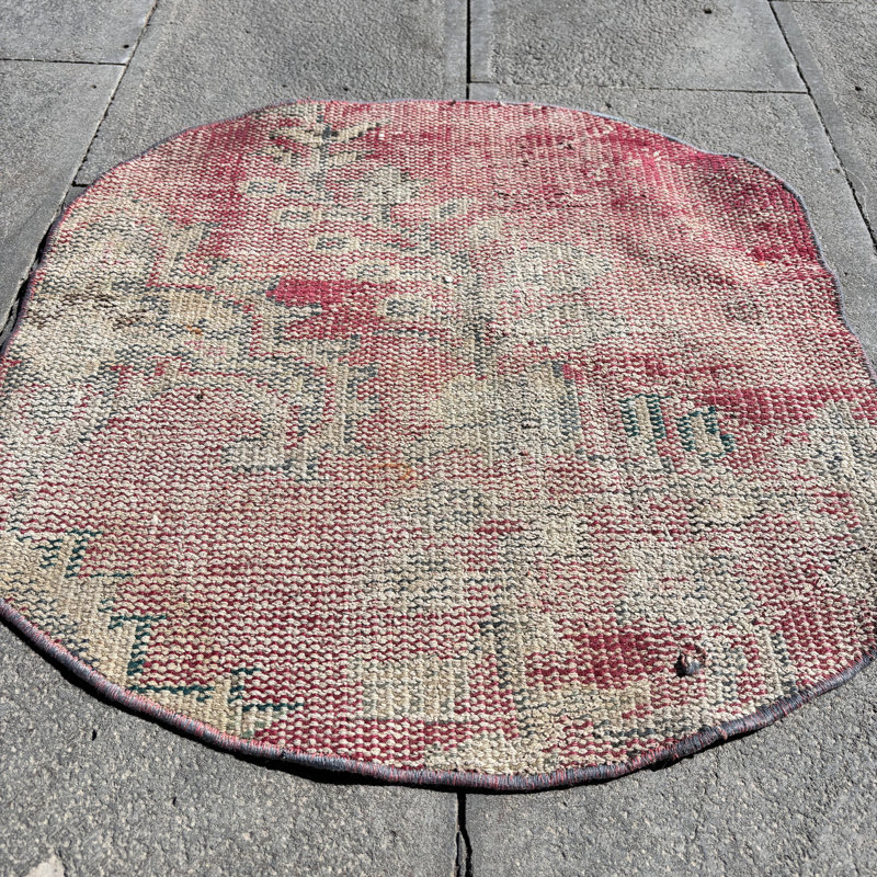 Red Vintage Turkish Oushak Small Round Rug Ideal for Home Decor and Accenting Spaces