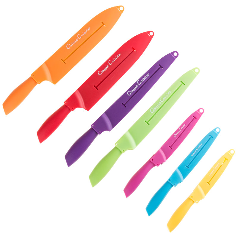 Knife Set - Colorful 14-Piece Stainless-Steel Cutting Knives with Sheaths Set - New Home Essentials by Classic Cuisine