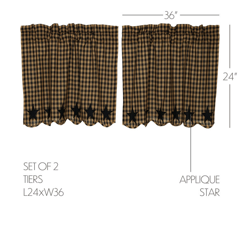 Navy Star Cotton Plaid Scalloped Cafe Curtain, 72" W x 24" L, Raven/Khaki