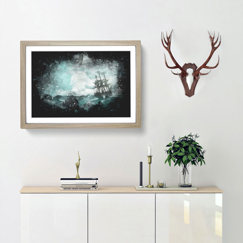 Pirate Ship Sailing Upon A Stormy Sea - Single Picture Frame Print on MDF, 62cm H x 87cm W x 2cm D, Oak Framed