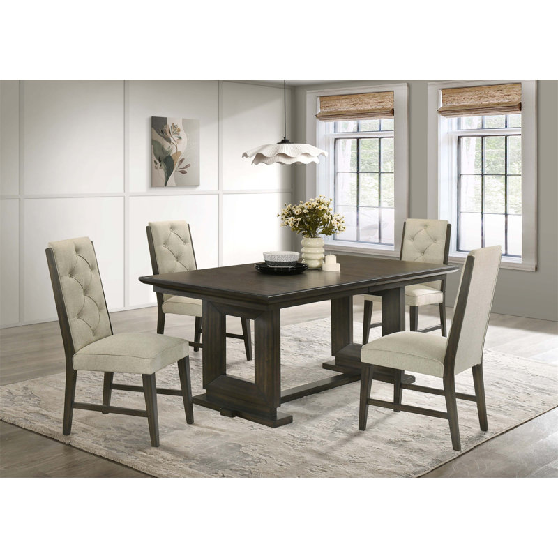 Table de salle à manger rectangulaire extensible avec base à tréteaux / piédestal et chaises capitonnées à boutons, idéale pour les salles à manger contemporaines