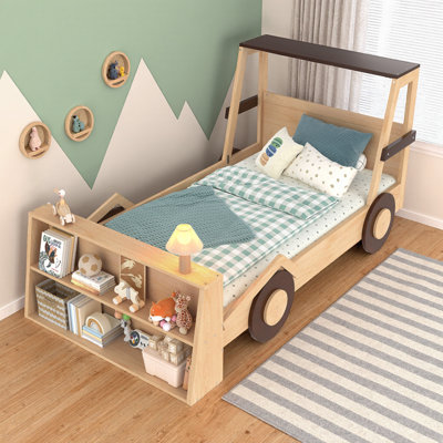 Lit voiture de course simple Whimsical avec tablettes de rangement intégrées | Lit plateforme pour enfants pour le jeu et l'organisation imaginatifs