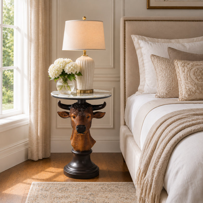 Bull Head Side Table, Modern Animal Sculpture End Table, 25.6" Sturdy Resin Nightstand, Unique Wall Street Decor for Office, Living Room & Bar - Bronze