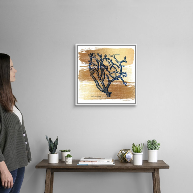 Corail de branche en or brossé-impression sur toile, Cadre blanc, H 22 po x l 22 po x P 1,75 po