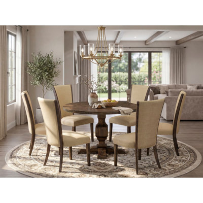 7-Piece Dining Set - Wooden Dining Table and 6 Brown Color Parson Kitchen Chairs with High Back - Distressed Jacobean Finish