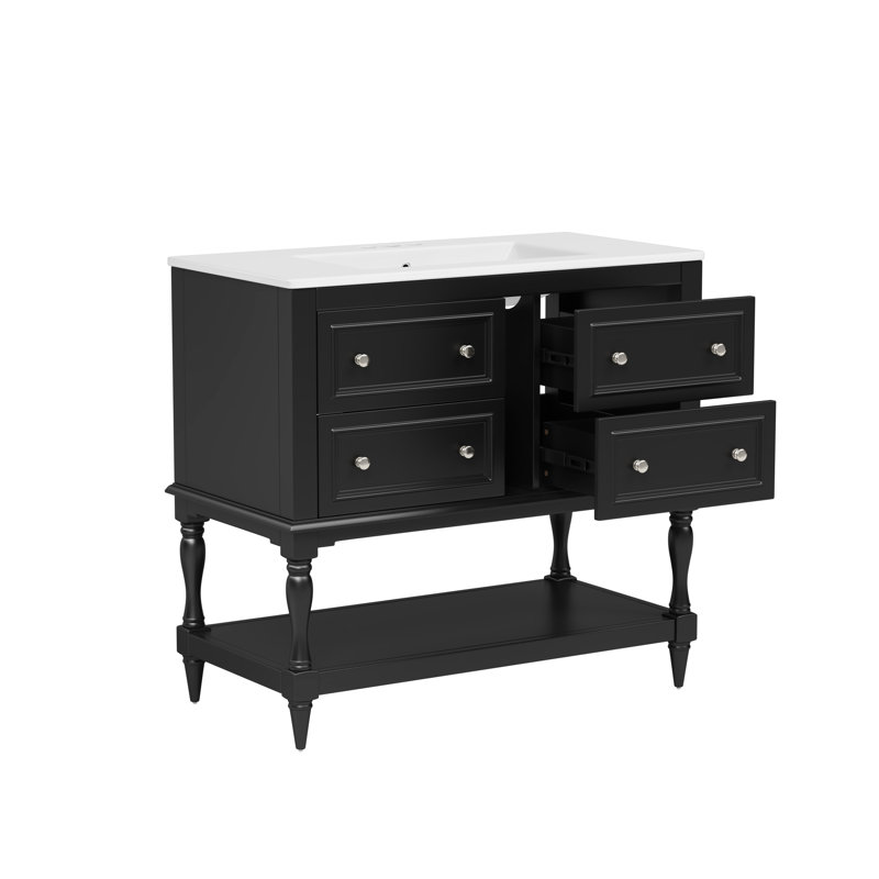 Armoire de meuble-lavabo 36 po avec lavabo - noir. Structure en bois massif, 4 tiroirs, lavabo en céramique encastré. Rangement élégant et fonctionnel. Matériau d'assemblage facile. Lavabo. Pratique