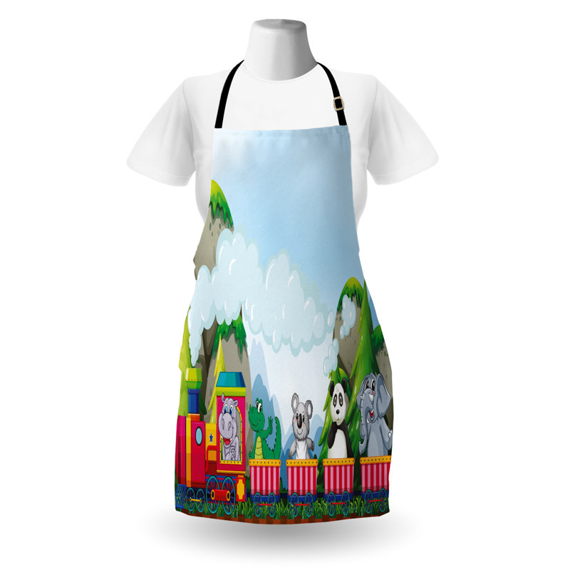 East Urban Home Cartoon Apron Unisex, Animals on Train, Adult Size, Multicolor