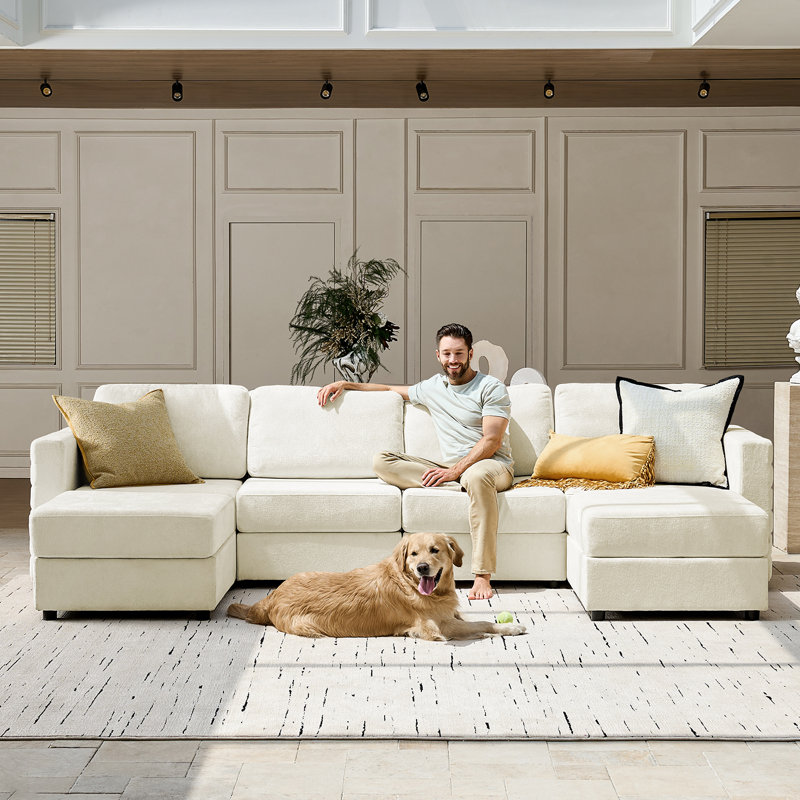  Jagger 124.5" Modern Wide-Seat Modular Storage Sectional Sofa with 2 Ottomans, Beige