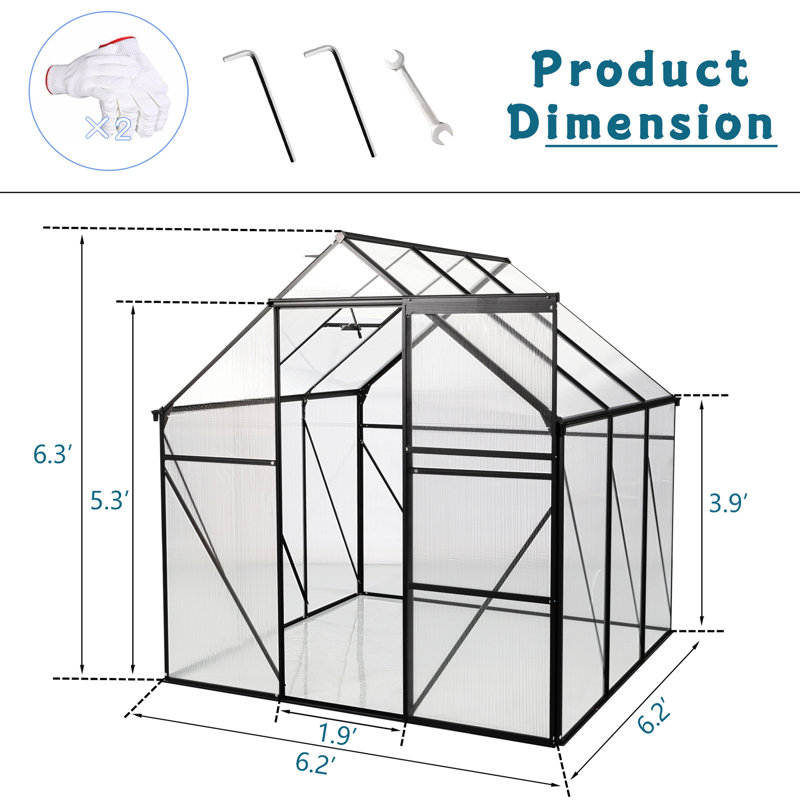 Walk-In Greenhouse 6X6ft - Black Polycarbonate With Stable Framework All Season Backyard Adjustable Roof, Galvanized Base Black, Heavy Duty For Outdoor Sliding Door, Good Drainage, Roof