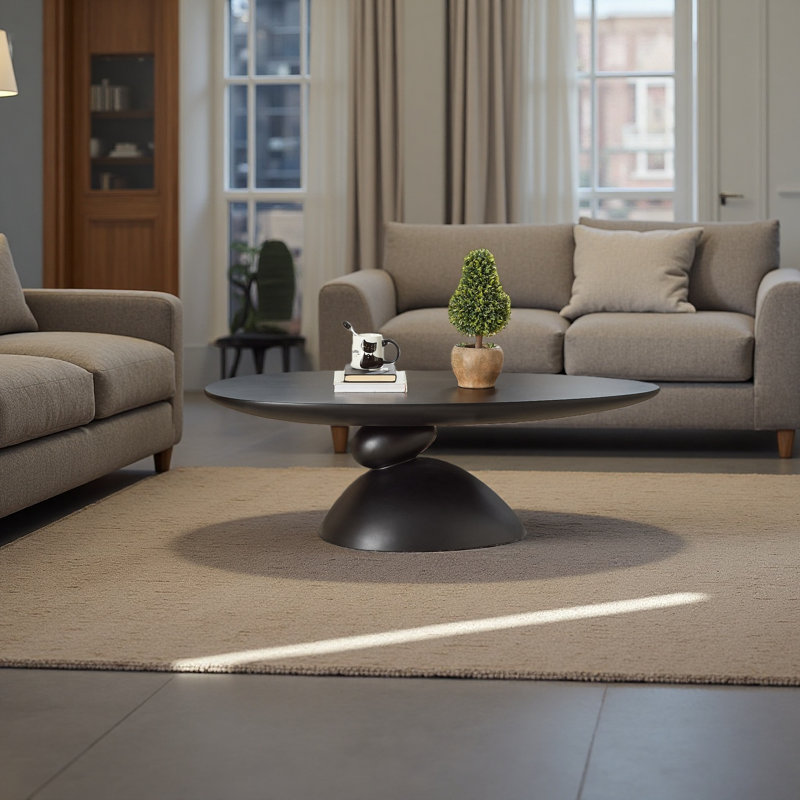 Table basse 47,27 "ovale en pierre, moderne et minimaliste en fibre de verre avec base de table sculpturale pour salon, Noir