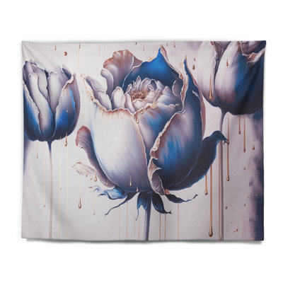 Ice Blue And Gold Paint Drip Tulip II Polyester Tapestry