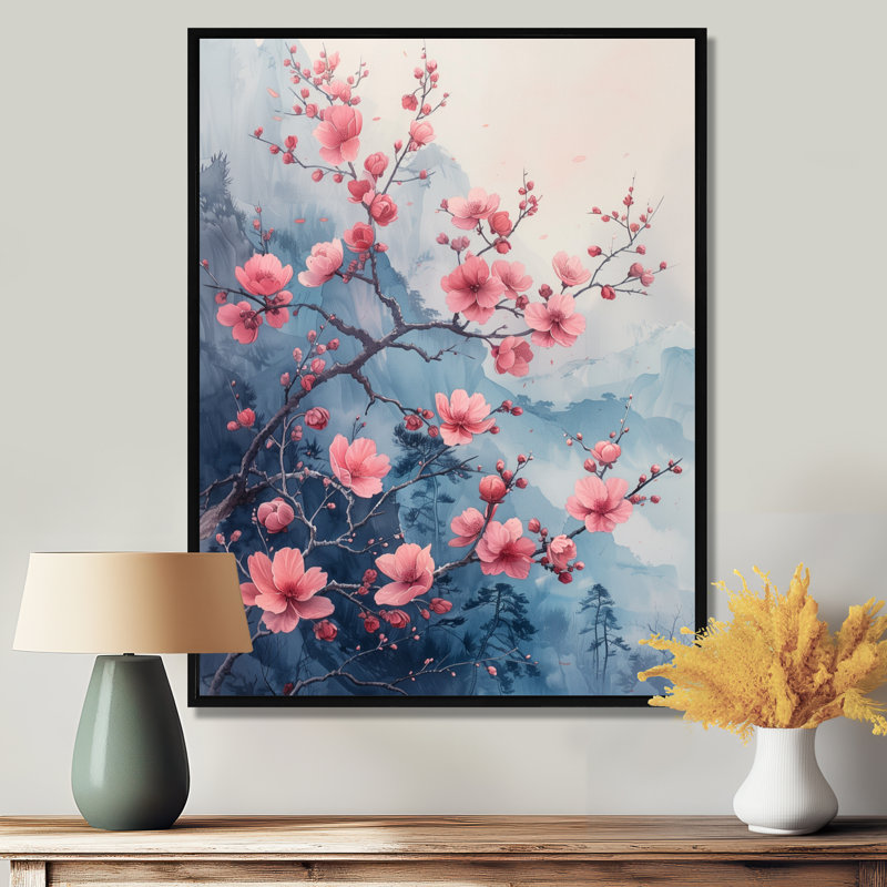Fleur de cerisier rose gris dans un salon - art mural cerisier en fleurs, Toile avec cadre flottant noir