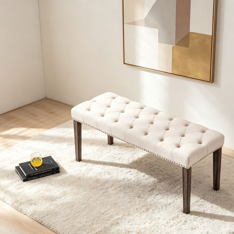 Banc rembourré en velours d'hévéa, Beige, Beige, Bois