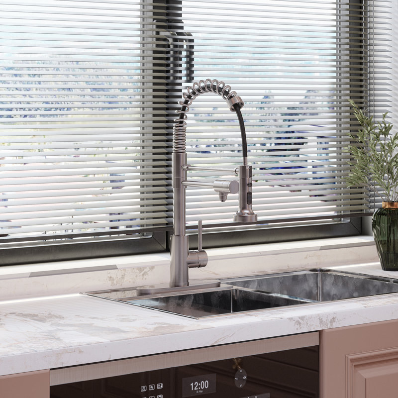 Robinet de cuisine rétractable à poignée simple avec distributeur de savon, Nickel brossé
