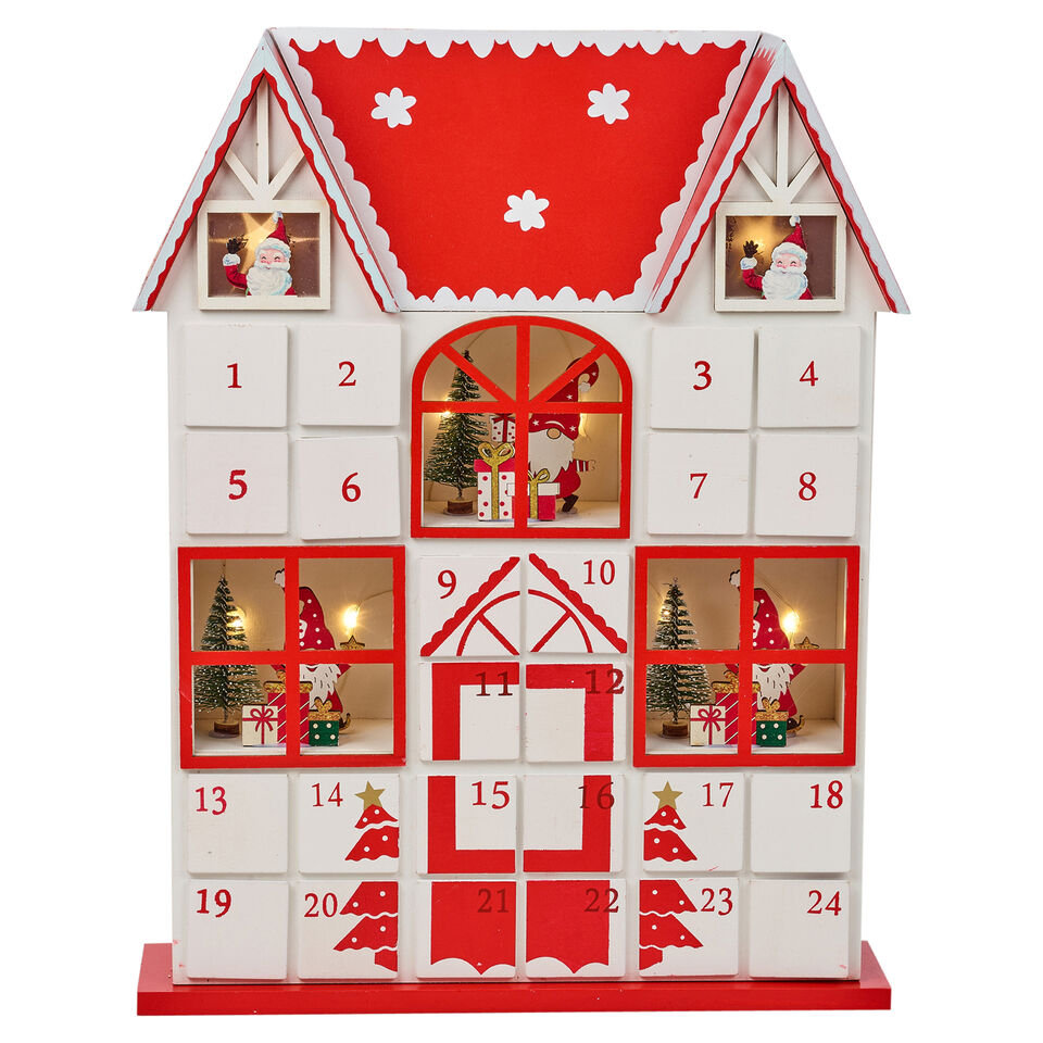 Wooden House Advent Calendar Christmas Xmas Santa LED Lights 24 Drawer Countdown