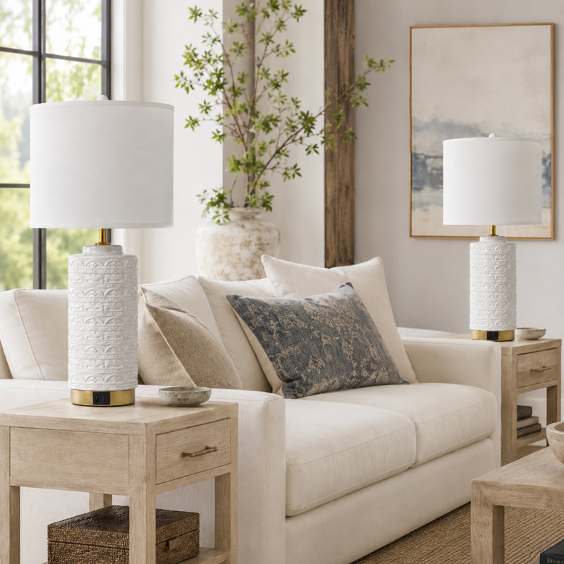 Lampe de table Boho en céramique, lampes de chambre à coucher ou de salon de 26 po de hauteur avec ports de charge USB