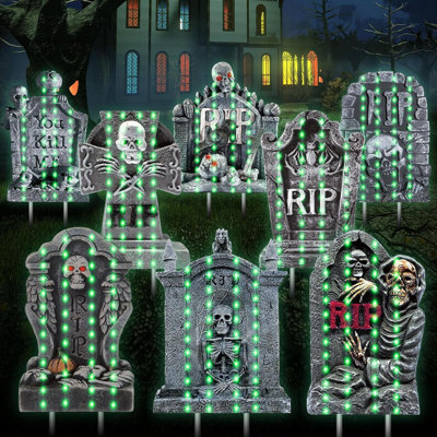 8 Pack Lighted Tombstone Yard Sign Halloween Sign Decoration With Stakes Waterproof Gravestone Halloween Yard Sign Corrugated Plastic Halloween Outdoor Decoration For Halloween Party Garden Yard