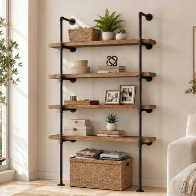 2 Pcs 5 Tier Industrial Iron Pipe Shelving Wall Mount Vintage Retro Ceiling Hung Shelf DIY Open Bookshelf Ladder Shelves for Office Living Room, 77" Tall 14" Deep (No Wood Planks Included)