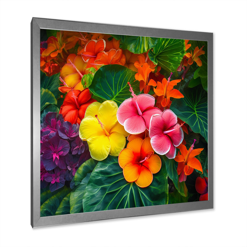 «Vibrantly Happy Blossoming Tropical Flowers I» - Décoration murale fleurs, Cadre photo argenté, H 24 po x l 24 po x P 1 po