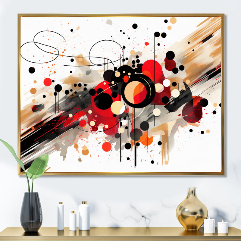 Symphonie abstraite rouge et noire I sur toile, H 34 po x l 44 po x P 1,5 po, Cadre flottant doré