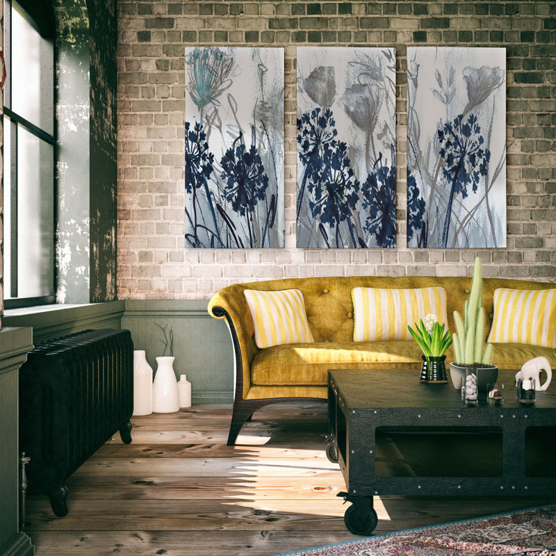 Artiola Indigo Field - 3 pièces sur toile tendue de qualité supérieure, H 32 po x l 48 po x P 1,5 po