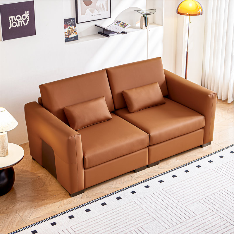 78"W Vintage Leather Sleeper Couch, Mid-Century Modern Wide Square Sectional Sofa with Metal Legs and Pillows, Orange Luxury 3-Seater Deep Seat Upholstered Sofa Bed for Living Room and Bed Room