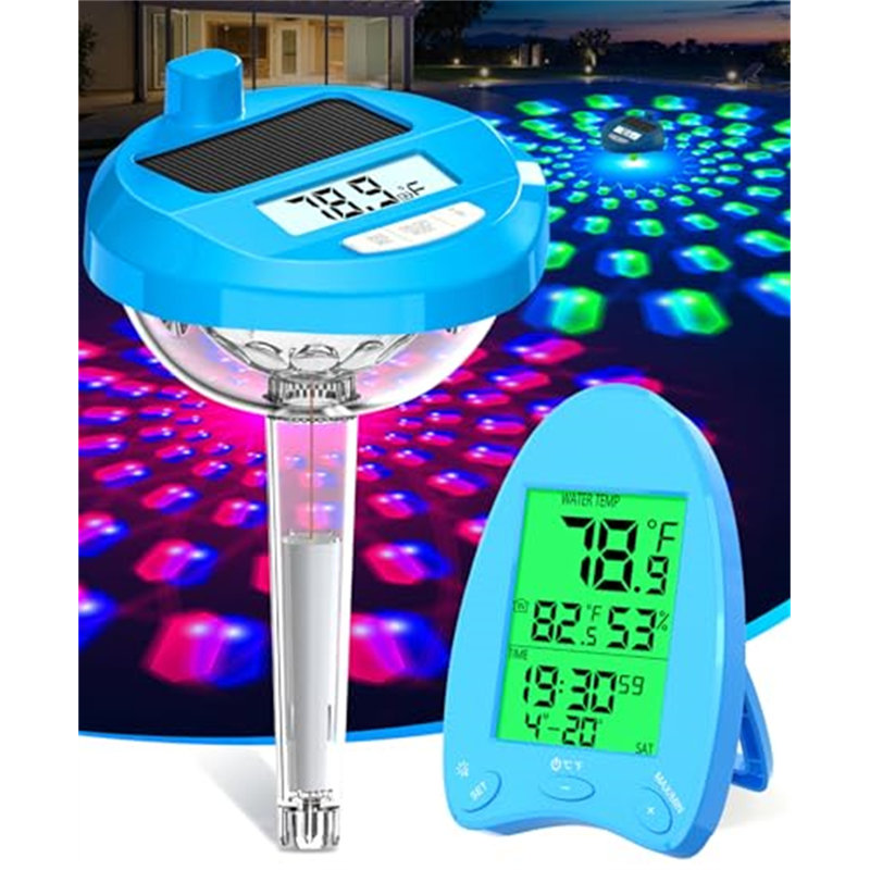 Thermomètre solaire sans fil pour piscine avec lumières DEL dynamiques - portée de 650 pi, double affichage rétroéclairé, IP68 pour piscine et spa