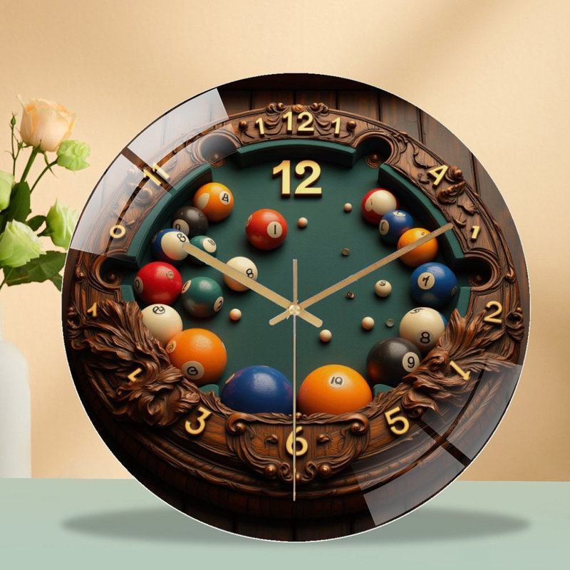 Table de billard en bois fabriquée à la main avec boules classiques - horloge murale moderne en verre 12 po