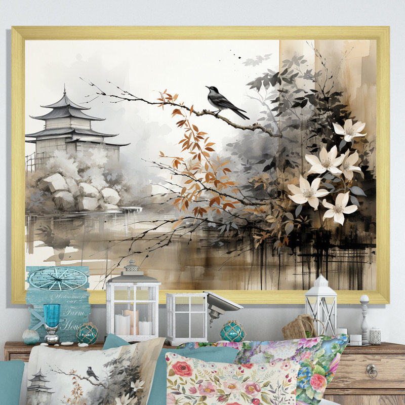 Asian Art Sumi Bird Serenity I - Art mural asiatique, H 34 po x l 44 po x P 1,5 po, Cadre doré simple