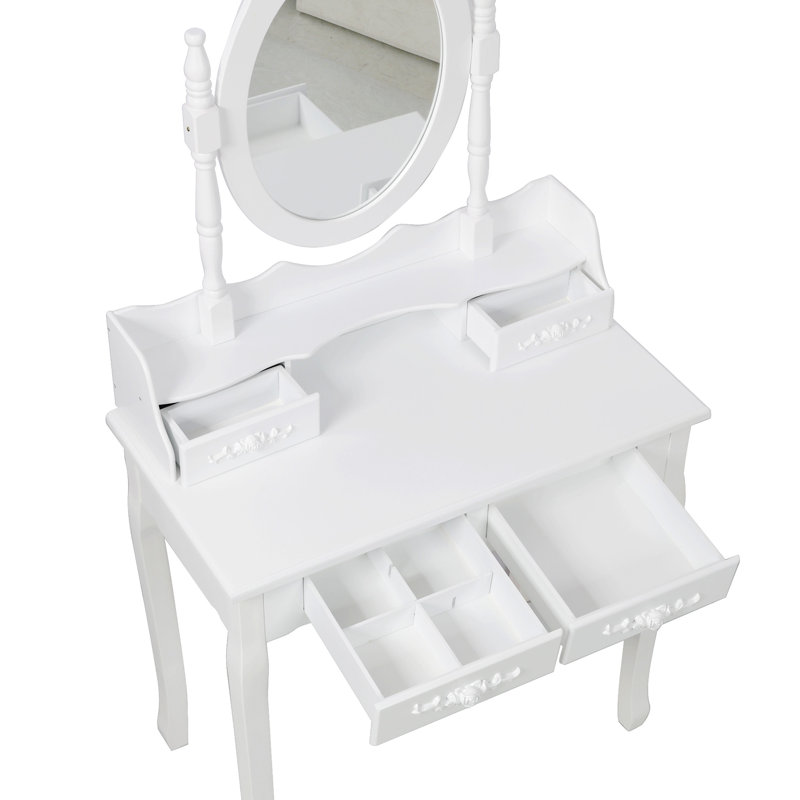 Bureau de meuble-lavabo avec miroir pivotant à 360 °, rangement à 4 tiroirs, finition blanche, tabouret confortable, tiroirs visuels attrayants, structure stable polyvalente rembourrée