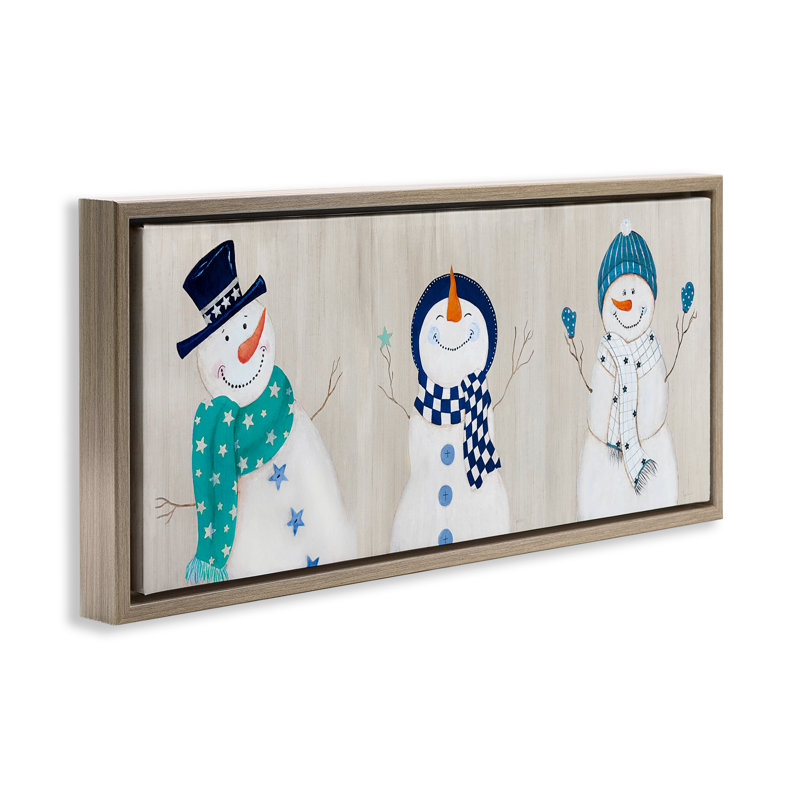 «Happy Snowman Trio», art mural sur toile par Janet Tava, Cadre flottant orme Montalcino, H 11 po x l 25 po