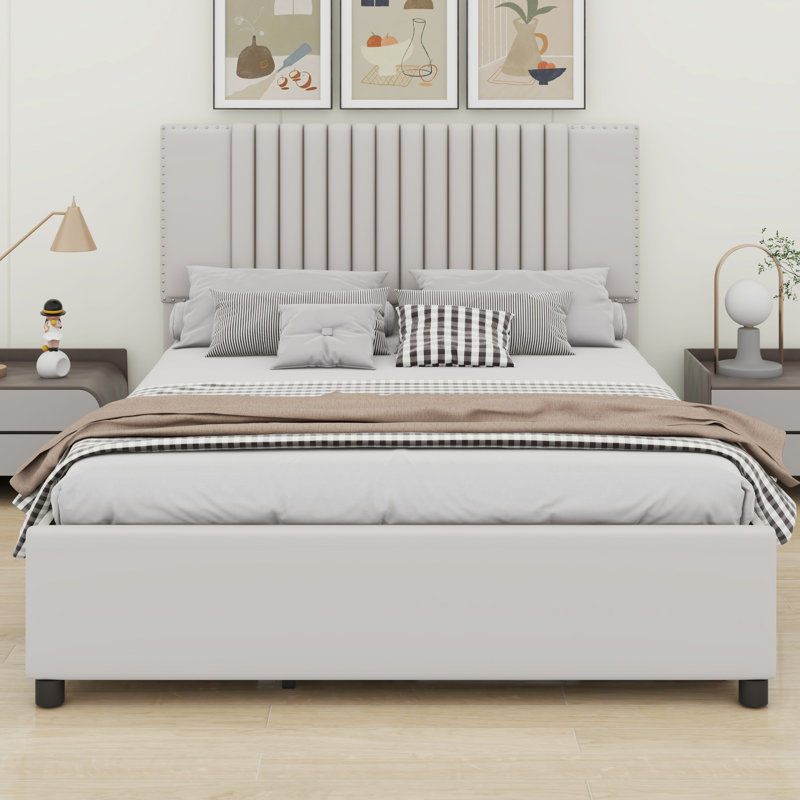 Lit plateforme tapissier avec tiroirs et lit gigogne, Beige