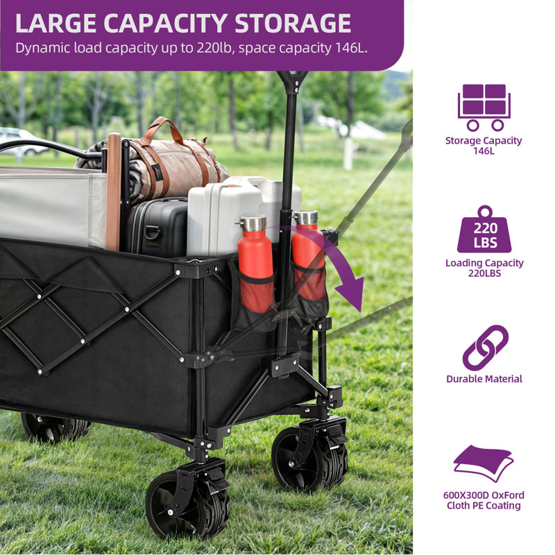 Heavy Duty Collapsible Foldable Wagon Utility Wagons Carts with Big Wheels and Brakes, 42.1" H x 23.6" W x 38" D