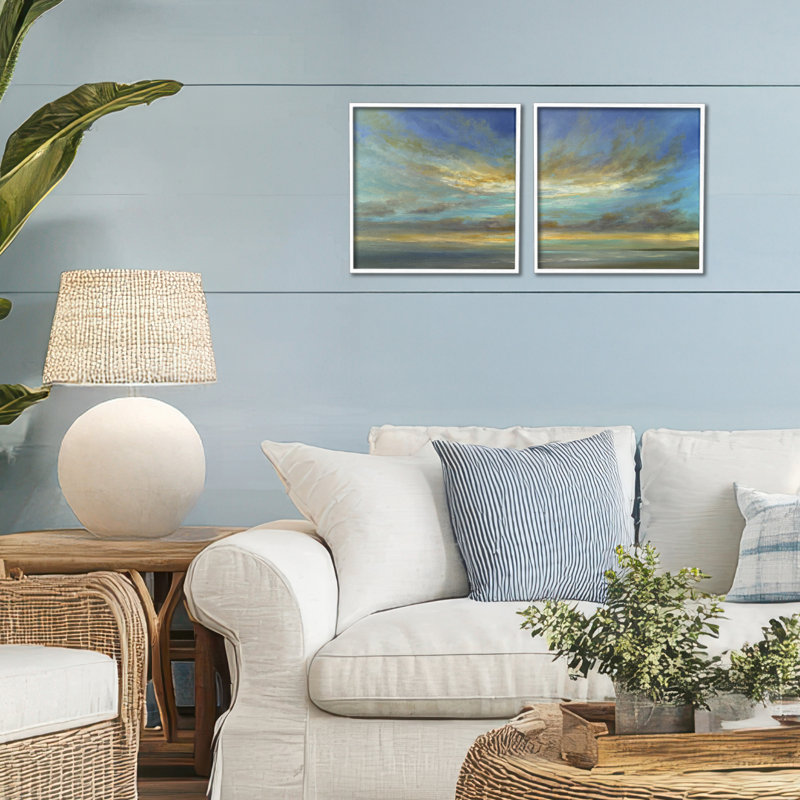 Ensemble de 2 giclées encadrées, par Sheila Finch, H 12 po x l 24 po, Estampe numérique encadrée blanc bord de mer