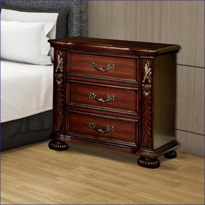 Brown Cherry Traditional 3-Drawer Solid Wood Nightstand