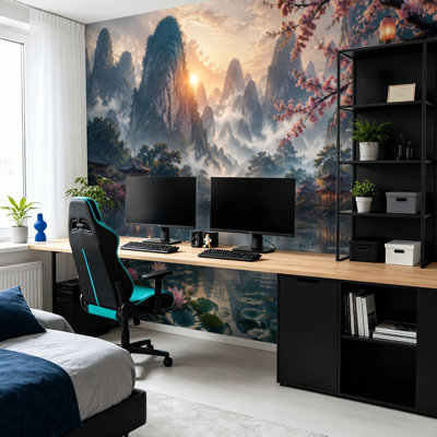 Papier peint mural adhésif abstrait à motifs floraux, bleu marine, blanc et or, style moderne, pour chambre ou salon, 254 cm (L) x 366 cm (l).